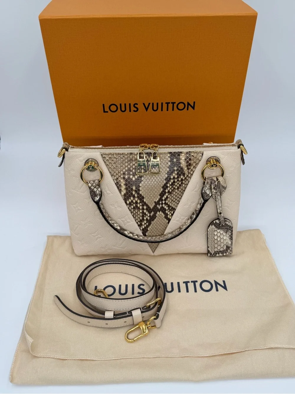 😍Louis Vuitton Exotics V Tote BB Cream Empriente Leather Two Way Bag with Python